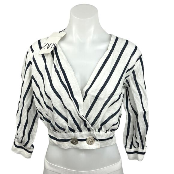 Zara NWT White Striped 100% Linen V-Neck Wrap Balloon Sleeve Blouse Crop Top XS - Picture 1 of 4